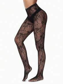 1 Pair Floral Jacquard Pantyhose (Butt-Coverage) - Black - View 1