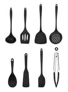 Ensemble de 8 ustensiles de cuisine en silicone pour poêles antiadhésives - Outils de cuisine résistants à la chaleur avec crochets (Noir) - Comprend une spatule, une pelle à égoutter, une cuillère à riz, un passoire, une louche à soupe, des pinces à aliments, une pelle à wok, une pince à nouilles - Ustensiles de cuisine essentiels pour le sauté