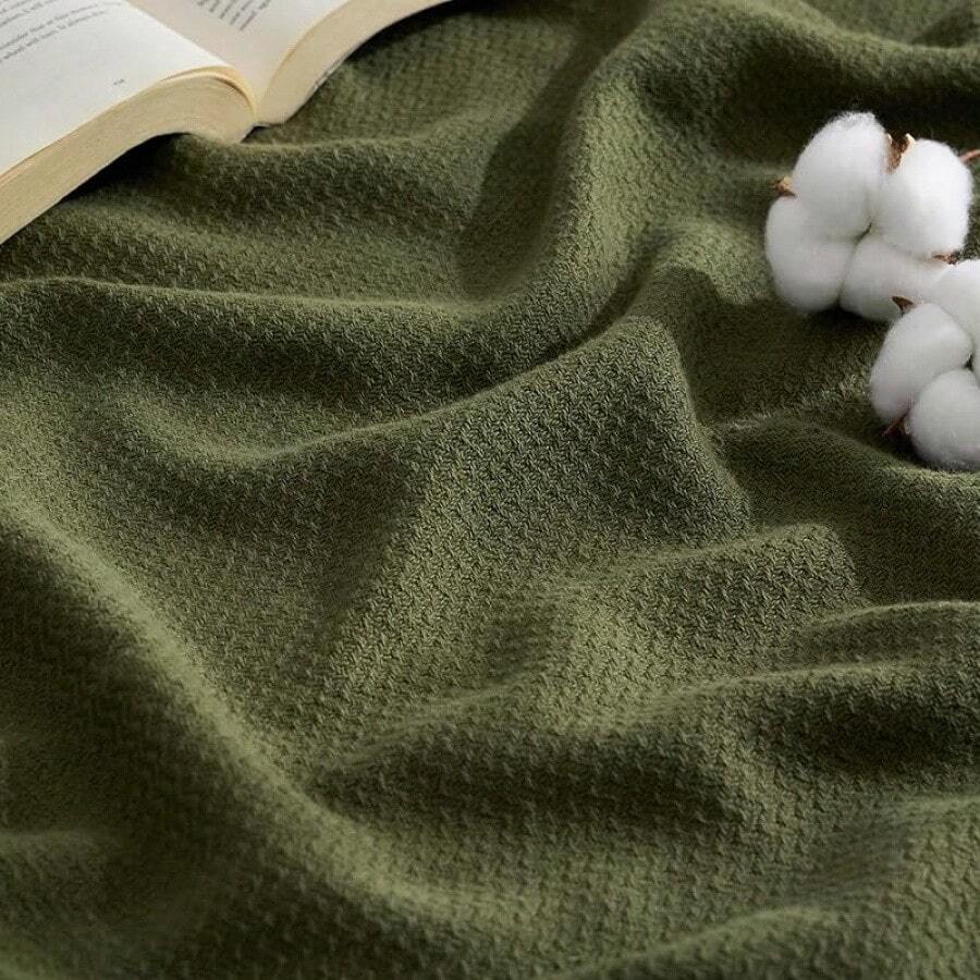 % Cotton Twin XL Size Bed Blanket - Breathable, Lightweight, Soft Cozy Herringbone Woven Summer Blanket College Dorm, White, 66x90 Inches - 03 - 橄欖綠 - 查看 1