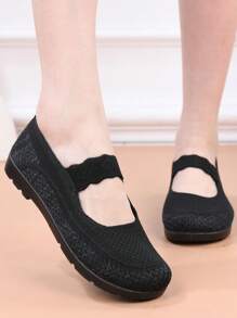 女士夏季新款网眼透气平底鞋春秋休闲鞋针织鞋面防滑软底轻便舒适一脚蹬乐福鞋 - 黑色 - 查看 8