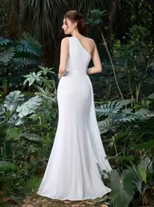 Vestido de noiva em chiffon de poliéster com decote de um ombro só e bainha cauda de peixe dramática | Vestido para convidadas de chá de panela, eventos em jardins botânicos, ocasiões formais de verão e casamentos inspirados na natureza, noiva - Branco - Ver 3