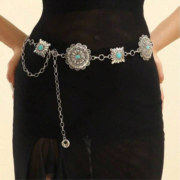 Cinturón de cadena de metal vintage bohemio, cadena de cintura tallada en turquesa, cadena de decoración de cintura de acrílico, cadena de cintura de aleación de zinc, adecuado para todas las estaciones: verano, escuela, otoño, Halloween