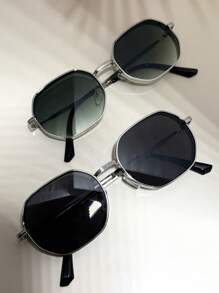 2pcs Men/Women Fashion Geometric Polygon Fashion Glasses, Metal Frame Decoration Outdoor Indoor Street Style Glasses, Black/Gold/Silver/Brown Color, Suitable For All Seasons, Thickened Frame With Ventilation Holes - 1*銀/灰+1*銀/漸綠 - 查看 4