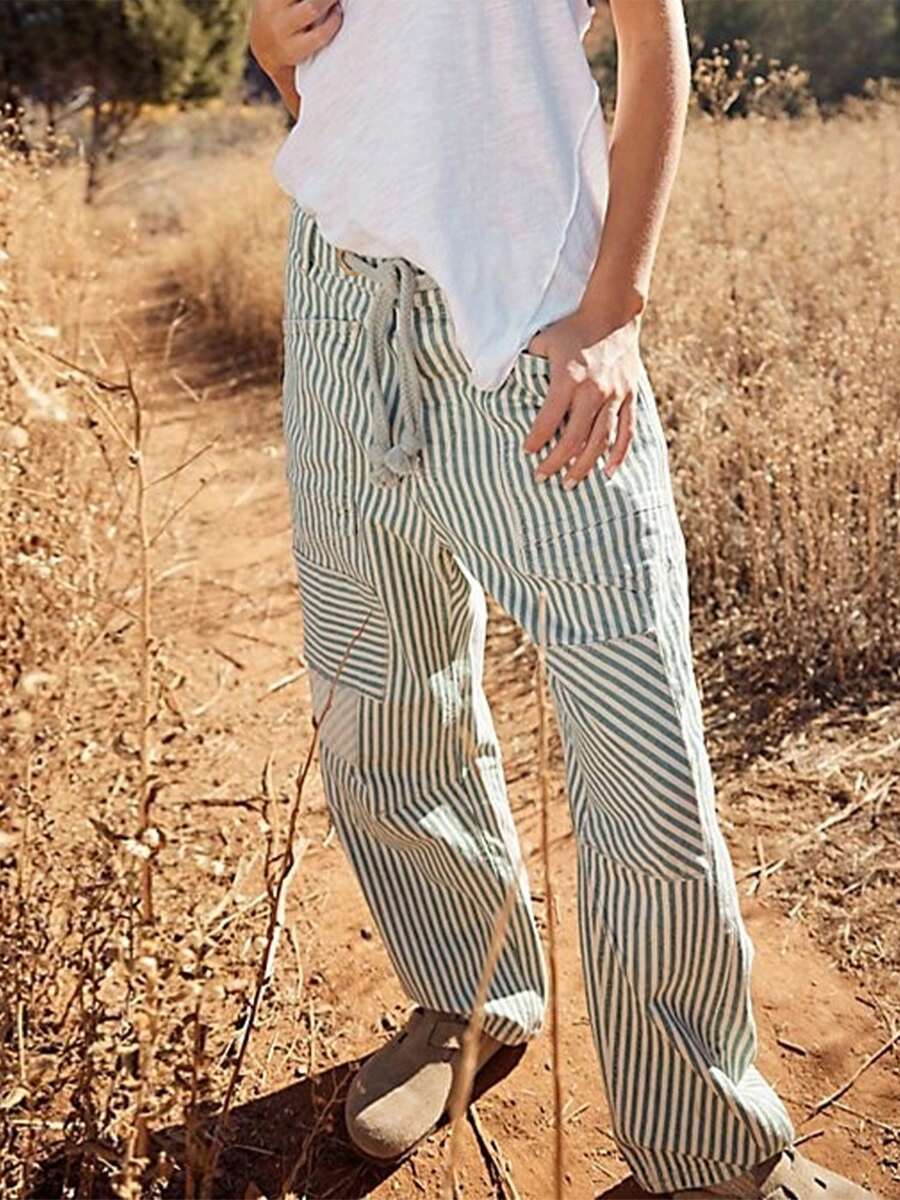 Women Striped Pants Elastic Waist Drawstring Patchwork Wide Leg Pants Loose Trousers With Pockets - Dark Green - View 1