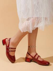 2025 New Red High Heels With Rear Strap, Niche Square Toe Ballerina Shoes, Thick Heel Low Heel Low Vamp Flats, French Retro Patent Leather Little Red Shoes