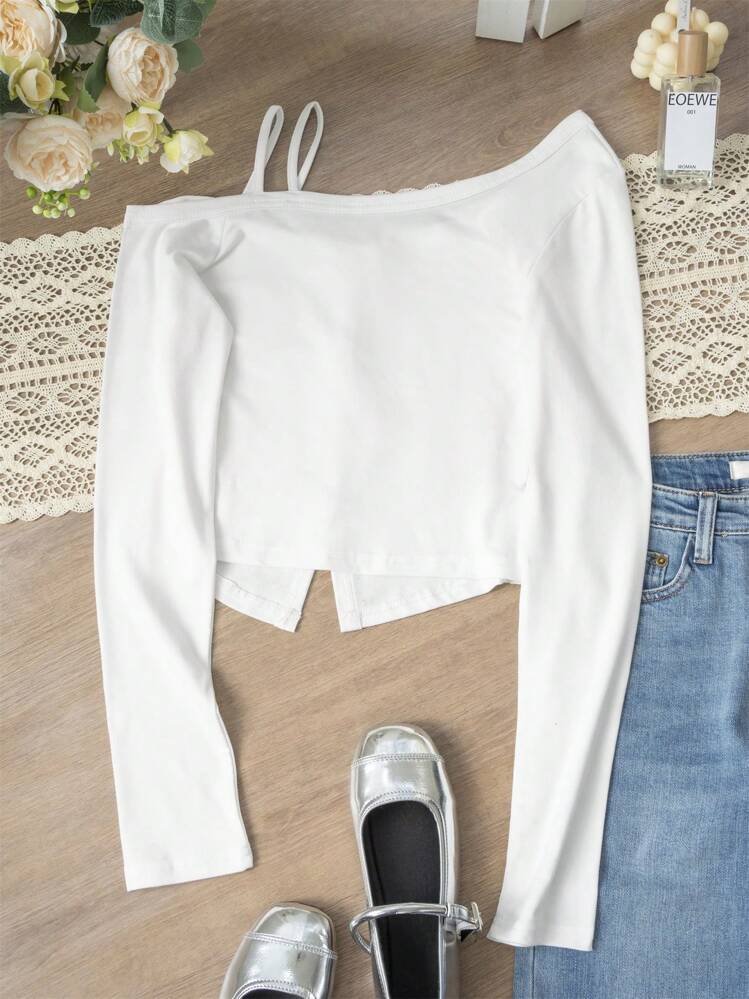 Elegante blusa de manga larga con hombros descubiertos y lazo blanco para mujer, adecuada para citas, salidas y viajes, Navidad, otoño/invierno - Blanco - Añade 8
