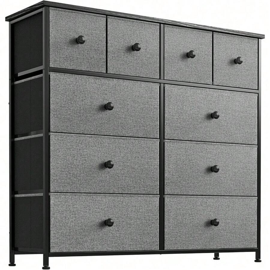 Comoda Cajonera para Recámara - 10 Cajones de Tela con Parte Superior de Madera y Marco de Acero Plegable - Mueble Organizador con Cajonera Ideal para Espacios (Gris Oxford) - Oxford gris - Ver 1