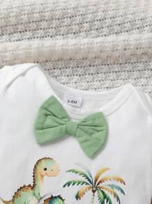 2pcs Set Casual Cute Gentleman Bowknot Decor Playful Dinosaur & Letter Print Romper And Solid Color Overalls Set, Soft Breathable Baby Boy Clothes, Infant Outfit, Newborn Baby Clothing, Baby Birthday Outfit, Suitable For Daily, Vacation, Party, Photo Shoot
