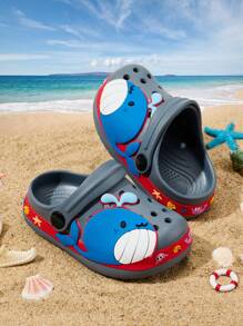 1双男童舒适时尚休闲软头防踢防撞可爱卡通鲸鱼图案透气凉鞋，耐穿易清洁，春夏款 - 灰色 - 查看 2