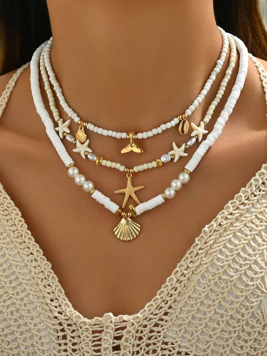 3pcs Bohemian Beach Vacation Style Starfish, Shell, Fish Tail Random Soft Clay & Rice Bead Multilayer Necklace For Women (Avoid Contact With Water) - White - View 1