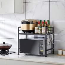 Expandable Microwave Shelf, 2-Tier, Standing Microwave Shelf, With 6 Hooks, Flexible Extendable From 40-65cm, For Worktop, Bakery Shelves, Kitchen Organizer - màu đen - Xem 4