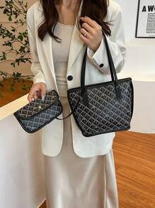 新款时尚经典百搭大容量双手柄字母图案装饰设计撞色设计单肩托特包二合一组合包女士钱包优雅商务通勤包适合通勤上班外出购物时使用 - 黑色 - 查看 2