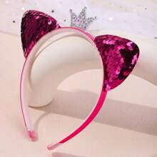 1 件全水晶小皇冠亮片猫耳头带，可爱动物派对涤纶弹力罗纹头带，适合所有季节 - 亮片皇冠貓耳朵髮箍 - 查看 8