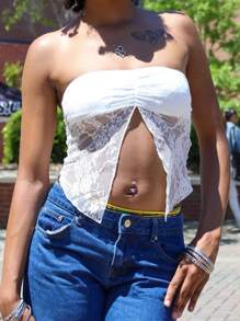 Women Lace Tube Tops Summer Strapless Cropped Bandeau Backless Shirts For Streetwear Aesthetic Grunge Clothes - trắng - Xem 6