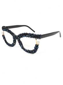 1pc Oversized Round Fashionable Glasses With Diamond Studded Half Frame, Personalized Multifunctional Glasses Frame, Transparent Glasses, Shiny Accessories - 無色 - 查看 17