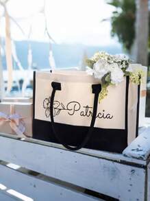 Personalised Floral Canvas Large Tote Bag With Name And Ribbon Birthday Christmas Travel Accessories Gift For Her - Beige - View 2