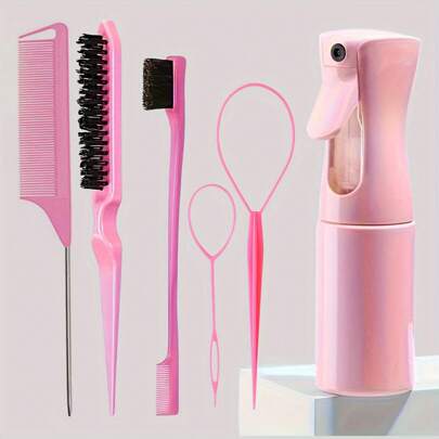 6件套美发造型套装，打造沙龙级发型 - 包括梳子套装、喷雾瓶、编发工具、尖尾梳和定型梳，便携易用，适合所有发质（黑色）（粉色）（紫色），美发梳，梳子，美发工具，美发产品及配件，理发沙龙美容旅行必备，返校季，旅行度假必备，女士美发配件，梳子，发梳，木梳，迷你发梳，解结梳，卷发梳，美发设备，发梳，背梳，造型梳，卷发梳，定型梳，梳子，梳子套装，梳子，卷发梳，解结梳，女士发梳，头发，旅行，美发产品，美发工具，美发用品，理发师，理发师配件，理发店，美发设备