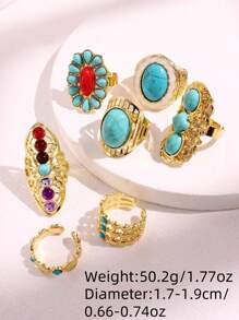 7 件套时尚复古绿松石金色戒指套装，女士珠宝配饰，日常佩戴 - 彩色 - 查看 7
