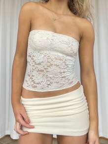 Women Lace Tube Top Without Bra  Y2k Floral Lace Sheer Mesh Strapless Bandeau Crop Tops Sexy Backless Sleeveless See Through Going Out Tops Off Shoulder Vests Shirts Vintage Aesthetic Clothes Streetwear - 白色 - 查看 10