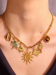 1 件复古优雅防水 18K 镀金不锈钢项链，带海龟、贝壳、海马、天然石吊坠，精致高端女士珠宝，防锈 - 多色 - 查看 3