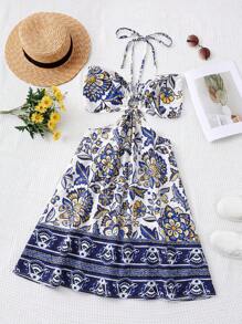 Women's Mid-Length Strapless Strapless Waist Cutout Dress With Prints - Blue - View 1