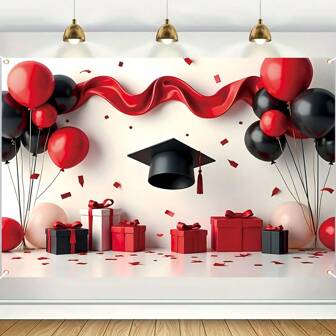 1pc, Graduation Season Party Decoration Banner, Black And Red Balloons, Gift Box And Bachelor Hat Graduation Theme Decoration Banner, Polyester Studio, Party, Home And Outdoor Lawn Decoration.