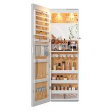 HNEBC LED 镜面珠宝柜，47.2 英寸壁挂式珠宝收纳柜，带全身镜，门上悬挂式珠宝柜储物柜，折叠梳妆台，2 个抽屉，可上锁，3 个架子，化妆品收纳架，适合返校季