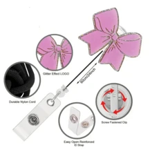 1pc Pink White Bow Retractable Badge Reel - Cute Alligator Clip ID Holder For Nurses, Teachers & Office Staff - Multicolor - View 4
