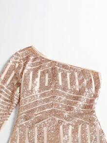 Women's Long-Sleeved Sequined Asymmetrical Neck Bodycon Party Dress, For Cocktail - Champagne - View 6