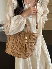 1pc Holiday Straw Shoulder Bag, Fashionable Woven Beach/Picnic Tote Bag With Tassel Decor, Casual Handmade Woven Bag Suitable For Gifts, Perfectly Matching With Vacation Outfits Women - Khaki - View 6