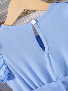 Young Girls Pleated Frill Trim Solid Color Round Neck Dress With Belt - Baby Blue - View 5