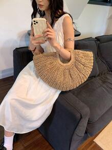 1 件大容量卡其色手提包，编织草编开口圆包，适合旅行、度假、海滩 - 卡其色 - 查看 6