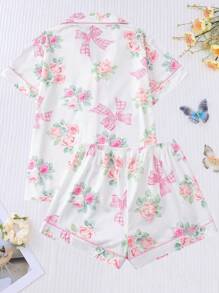 2 pezzi pigiama da donna con stampa a fiocco e rosa, top con collo a risvolto e maniche corte, pantaloncini larghi con elastico, pigiama casual per tutte le stagioni, set da 2 pezzi