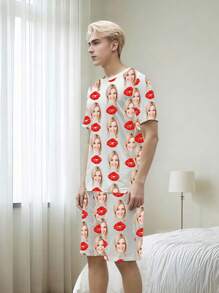 Conjunto de pijama de manga corta personalizado para hombres, con foto retrato personalizada, regalo, novedad, primer plano grande, reemplazo de rostro, tela liviana de secado rápido y cómoda, regalo para amigos/pareja, regalo de fiesta/cumpleaños, colorido, lindo, adorable