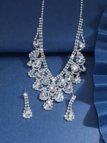 3pcs Geometric Rhinestone Water Drop Tassel Pendant Necklace & Earring Jewelry Set For Women
