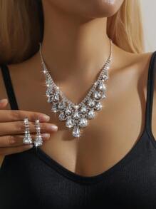 3pcs Geometric Rhinestone Water Drop Tassel Pendant Necklace & Earring Jewelry Set For Women