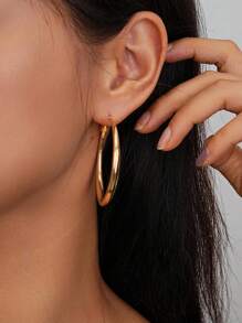1 Pair Minimalist Metallic Circle Hoop Earrings, Suitable For Women For Daily Wear - Gold - View 3