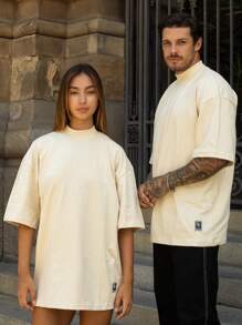 Oversized Plain Turtleneck Basic Streetwear T-Shirt For Men Unisex - 奶油色 - 查看 3