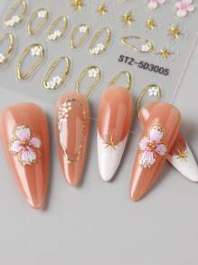 FULL BEAUTY 2 miếng dán móng tay họa tiết hoa sen nở rộ màu hồng và trắng, dập nổi 5D, hình ngôi sao vàng lấp lánh, hoa ren, kiểu móng Pháp, tự dính, mềm mại, có thể khắc chìm, dùng để tự làm móng nghệ thuật. - Nhiều màu - Xem 2