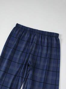 3 件套男士轻便睡衣套装，短袖衬衫和短裤或长裤，夏季格子睡衣套装 - 藏蓝色 - 查看 7