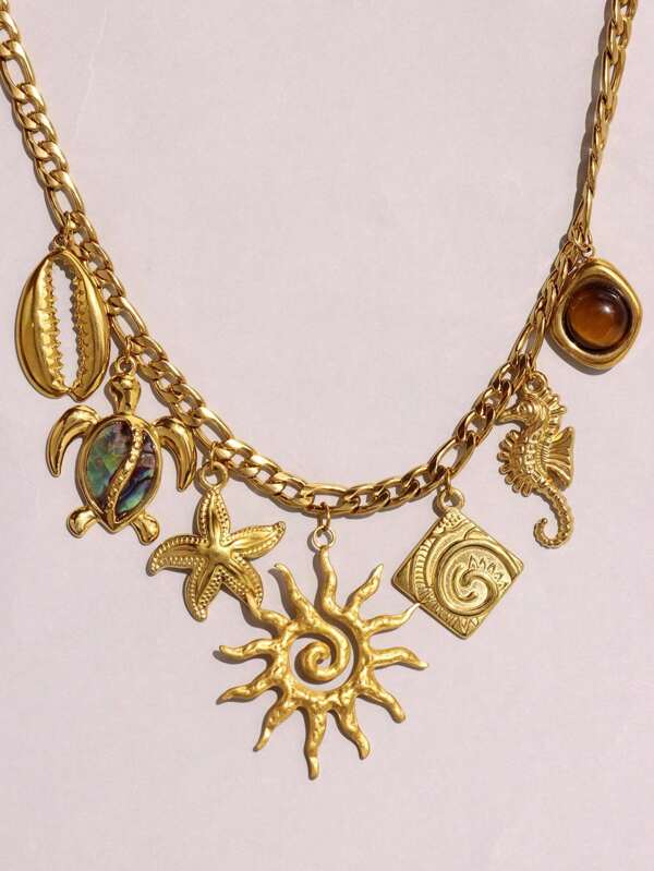 1pc Vintage Elegant Waterproof 18K Gold Plated Stainless Steel Necklace With Sea Turtle, Sea Shell, Seahorse, Natural Stone Pendant, Sophisticated High-End Jewelry For Women, Tarnish Resistant