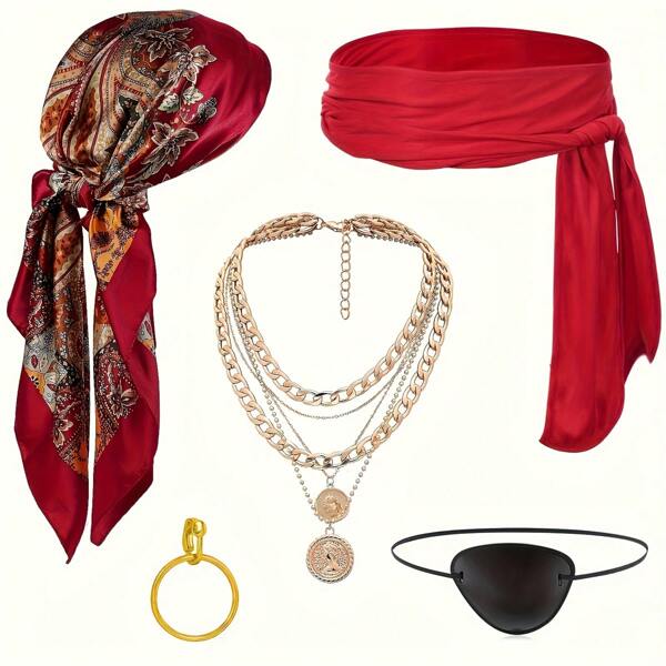 Conjunto de 5 acessórios para fantasia de pirata para mulheres, lenço de cabeça de pirata, faixa de pirata, colar, tapa-olho e brinco para cosplay, dramatização de pirata, baile de Halloween
