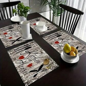 1/2/4/6/8pcs Farmhouse Style Wooden Kitchen/Dining Placemats With "Kitchen Is The Heart" Polyester Print, Rectangular, Machine Washable, Home & Restaurant Decor