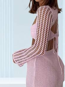Women Summer Bikini Coverups 2pcs Outfit Set Beachwear Long Dress Crochet Knit Hollow Out Long Sleeve Off Shoulder Crop Top + Long Maxi SkirtsSexy Sundress Swimsuit Cover Ups - Pink - View 8
