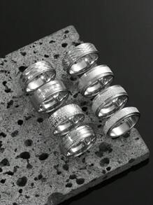 8 Pieces Fashionable Personalized Stainless Steel Copper Money With Rhinestones Horizontal Sand Elements Men's Ring Set Suitable For Daily Use With The Use Of Holiday Dating Gift Jewelry Engagement Wedding Gift - Silver - View 2