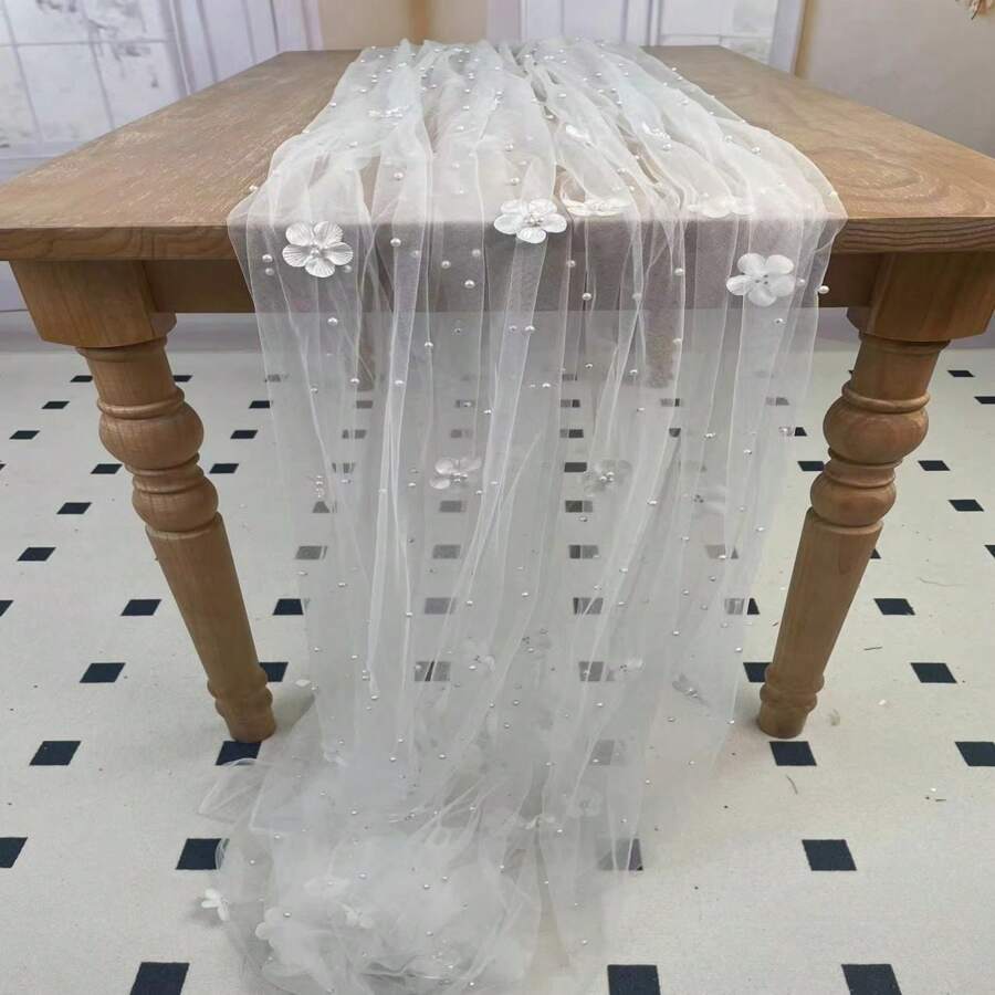 1pc Pearl White Flower Table Runner, Sheer Tulle Table Runner Decor, Mesh Fluffy Sheer Table Cloth, Suitable For Birthday Party, Valentine's Day, Ball - White - View 1