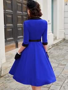 MUXXN Vintage Elegant Button Patchwork Square Collar Midi A-Line Cocktail Party Dress - Royal Blue - View 2