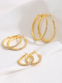 6pcs Rhinestone Hoop Earrings Set, Jewelry Gift For Women, Teacher (Random Card Included) - Yellow Gold - View 3
