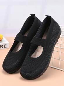 女士夏季新款网眼透气平底鞋春秋休闲鞋针织鞋面防滑软底轻便舒适一脚蹬乐福鞋 - 黑色 - 查看 3