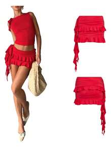 2 Piece Sets For Women Y2k Going Out Ruffle Trim Ruched Tank Top And High Waist Skirt Set Club Mini Dress - 紅色 - 查看 8